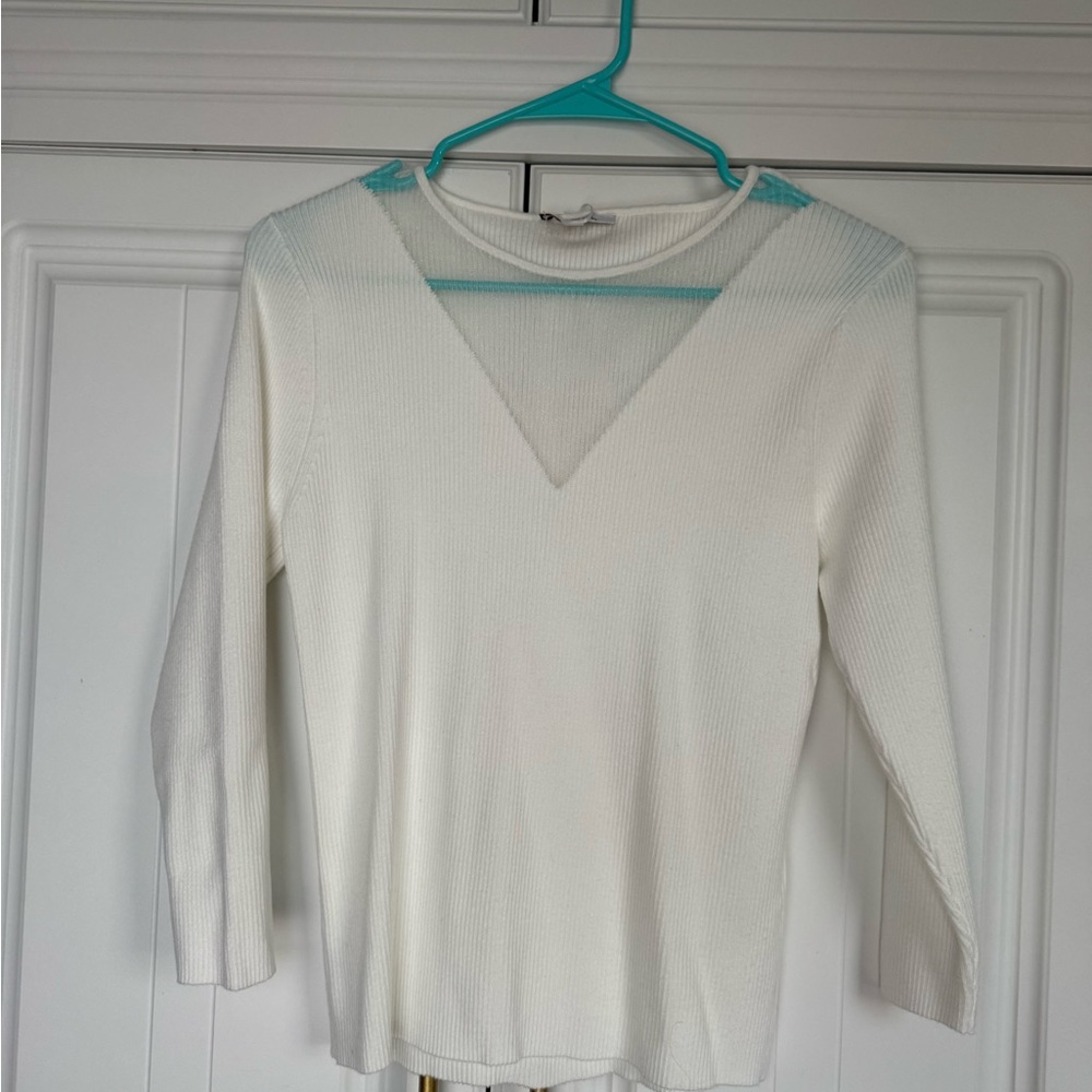 Women's Cream Ribbed V-Neck Sparkling see thru detail Long Sleeve Sweater